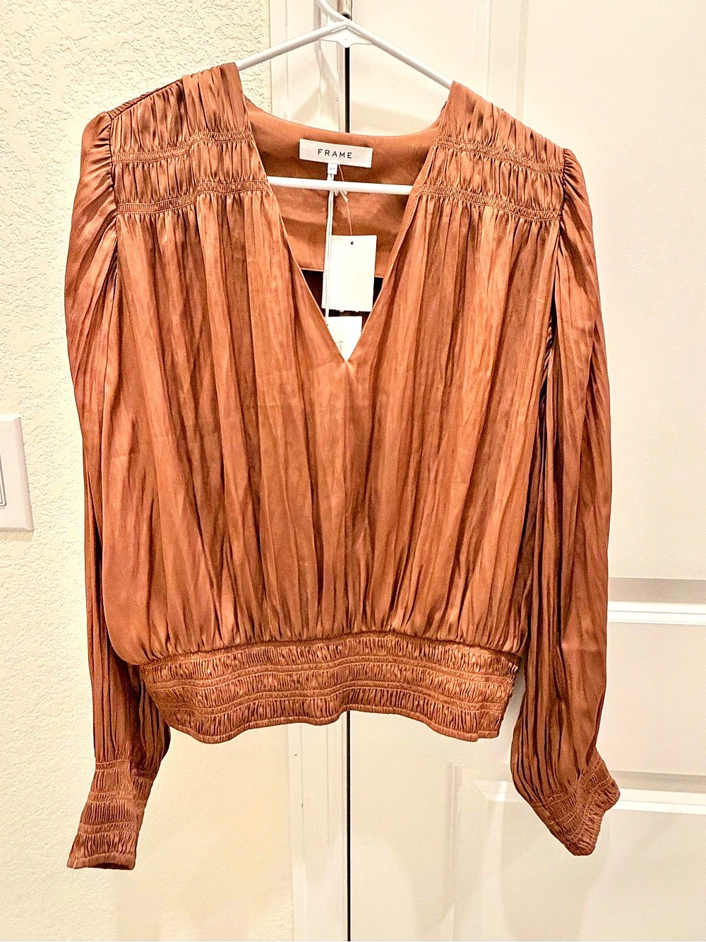 FRAME Satin Bishop Sleeve Pleated Blouse Brown